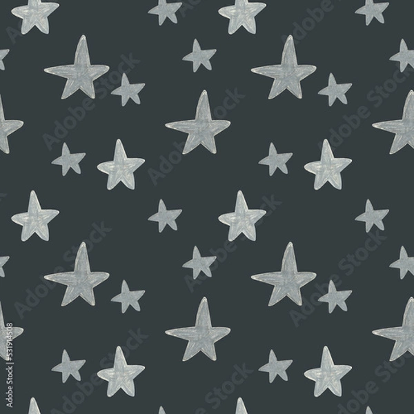Fototapeta Hand drawn silver stars pattern on dark background. For fabric, sketchbook, wallpaper, wrapping paper.	