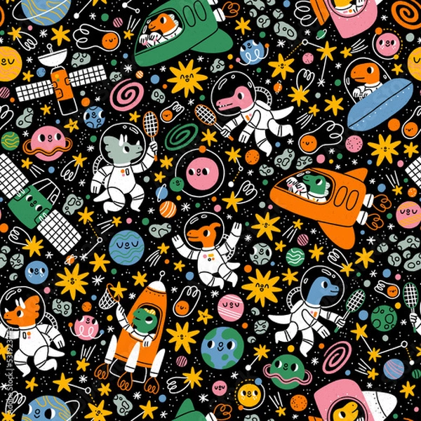 Obraz Dinosaurs space adventures cartoon pattern illustration