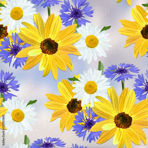 Fototapeta Flowers of sunflower,  chamomile, blue cornflower on a heavenly gray-blue abstract background in a random arrangement square format, floral seamless pattern, vector, EPS 10.