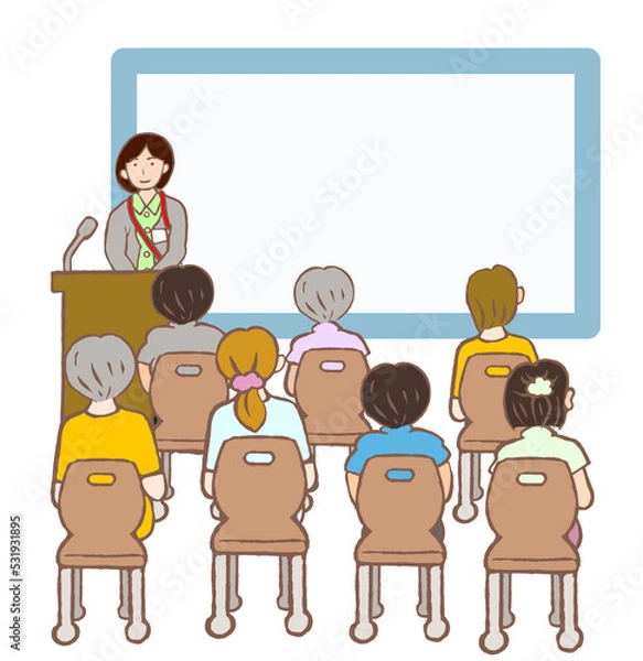 Obraz 講演会をする精神保健福祉士と参加者の後ろ姿のイラスト