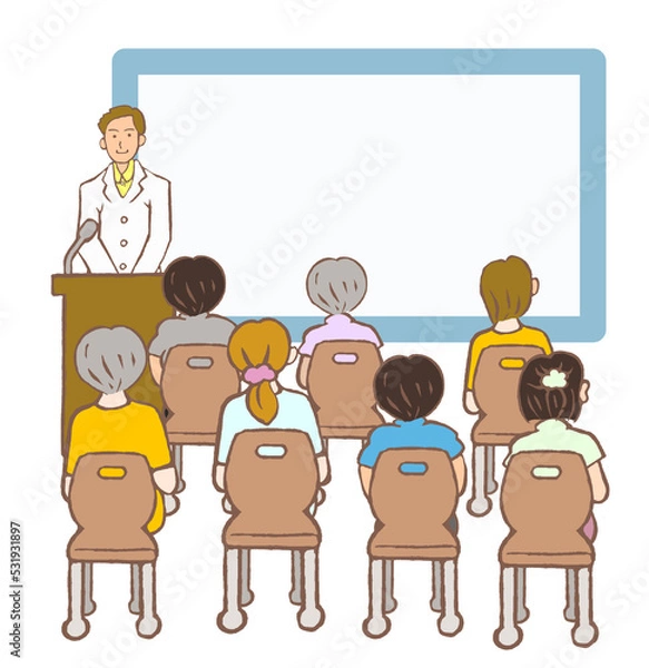 Obraz 講演会をする精神科の医師と参加者の後ろ姿のイラスト
