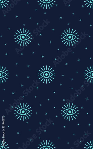 Obraz Seamless pattern with magical eyes with suns. Endless background, decor elements, color fabric, textile, wallpaper.