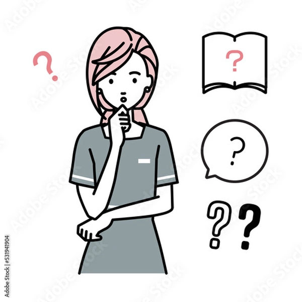 Fototapeta 立って手をあごにあてて疑問を感じているエステ店員・受付・接客係の女性 クエスチョンマークのセット