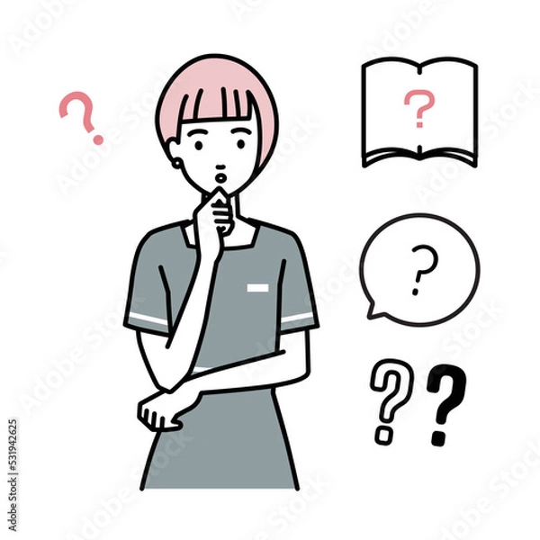 Fototapeta 立って手をあごにあてて疑問を感じているエステ店員・受付・接客係の女性 クエスチョンマークのセット