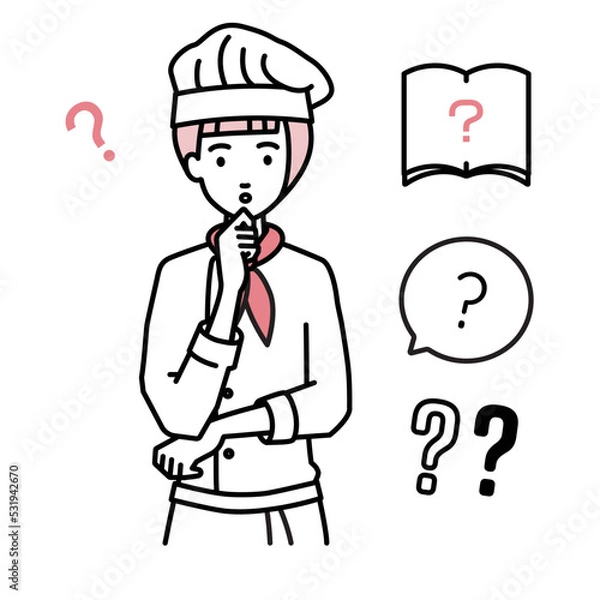 Fototapeta 立って手をあごにあてて疑問を感じている調理師の女性 クエスチョンマークのセット