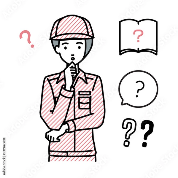 Fototapeta 立って手をあごにあてて疑問を感じている作業員の女性 クエスチョンマークのセット