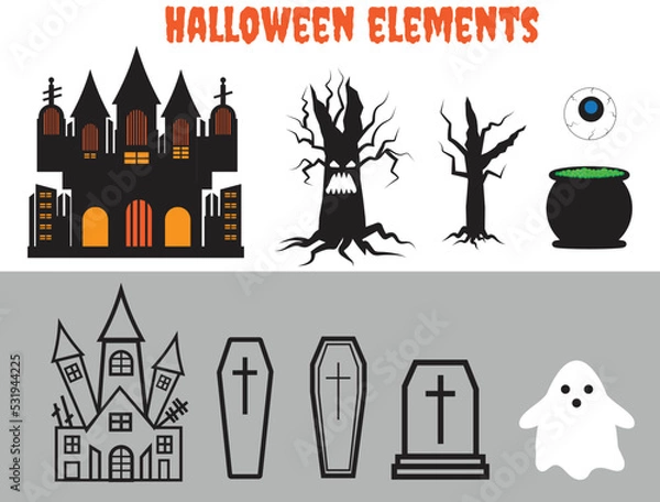 Fototapeta set of Halloween elements. Vector Halloween haunted house, castle, coffin, grave, ghost, eye and pot
