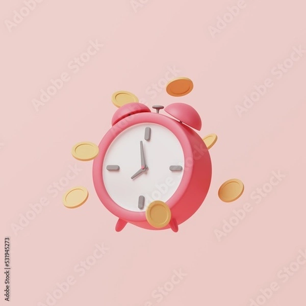 Fototapeta Pink cartoon alarm clock with money coins on background. In concept of time is the most valuable. 3d rendering