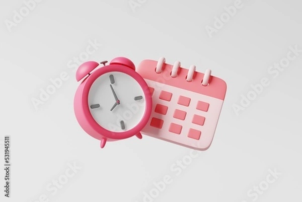 Fototapeta Minimal monthly calendar with pink alarm clock on white background. Business appointment, meeting schedule agenda planning. daily job, event reminder, working time management concept. 3d rendering