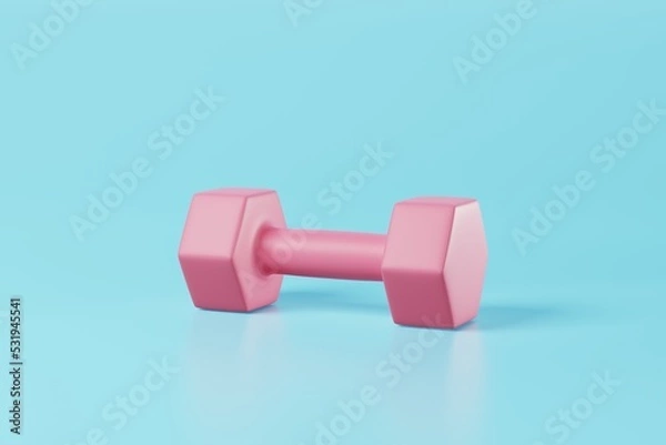 Fototapeta Minimal pink dumbbell on blue background. Weight training activity, bodybuilding exercise, daily gym and fitness, dieting for health, sport heavy for muscular building equipment concept. 3d rendering