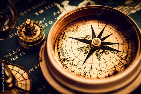 Fototapeta Close-up of a compass drawing, with map, luxurious navigation instrument for marine, real antique for design
