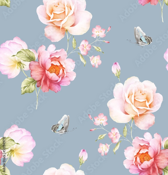 Fototapeta Watercolor seamless pattern with rose flowers. Perfect for wallpaper, fabric design, wrapping paper, surface textures, digital paper.