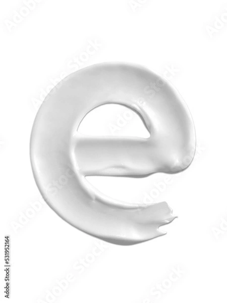 Fototapeta Alphabet Letter e, Cream moisturiser smudge texture smear letter written with white liquid beauty product