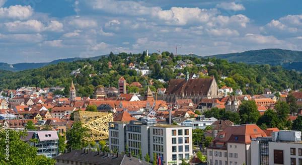 Fototapeta Panoramic view over Schwäbisch Gmünd with Five button tower (Fünfknopfturm), King tower (Königsturm), Holy Cross cathedral (Heilig-Kreuz-Muenster). Baden Wuerttemberg, Germany, Europe
