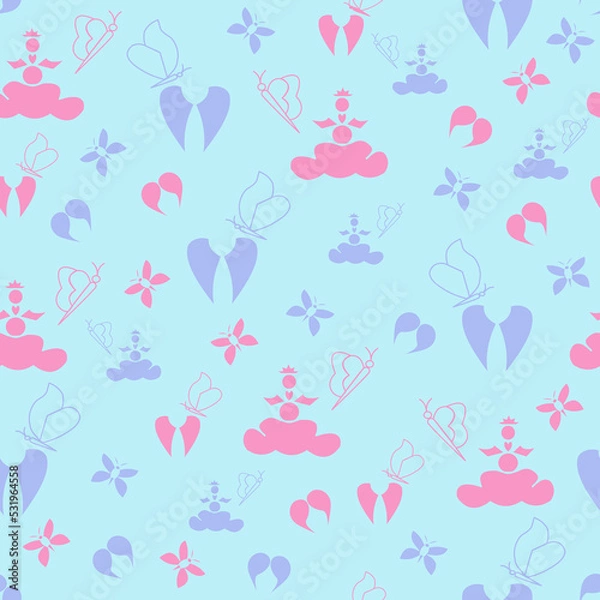 Fototapeta Pink and sky blue repeat pattern design, featuring angels, wings and clouds.  Perfect for fabric, scrapbooking, quilting, wallpaper, swatches and many other projects.