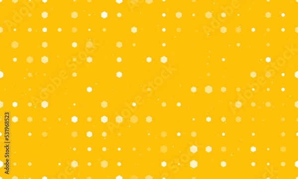 Fototapeta Seamless background pattern of evenly spaced white hexagon symbols of different sizes and opacity. Vector illustration on amber background with stars