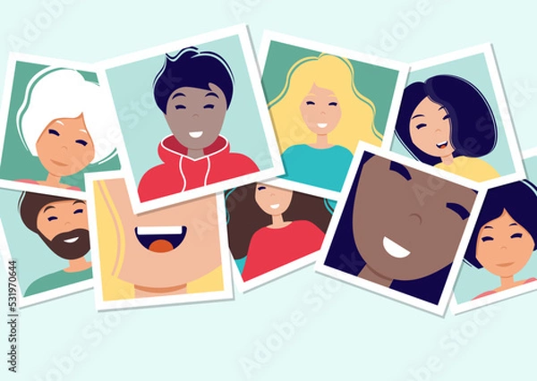 Obraz PrinWorld smile day. Many pictures with smiling people of different nationalities. Photo frames on the table. Template for banner, postcard, card, invitation. Vector Illustration in flat style.