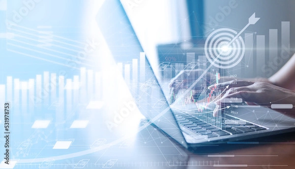 Fototapeta Business people working with modern computer on virtual screen analyzing, finance sales data and economic growth graph chart, Business financial and stock graph, stock marketing analysis.