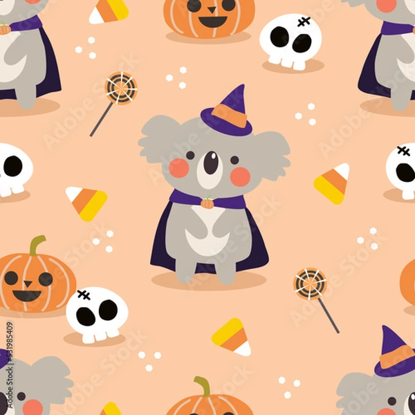 Obraz Cute Koala and Halloween Pumpkin Seamless Pattern