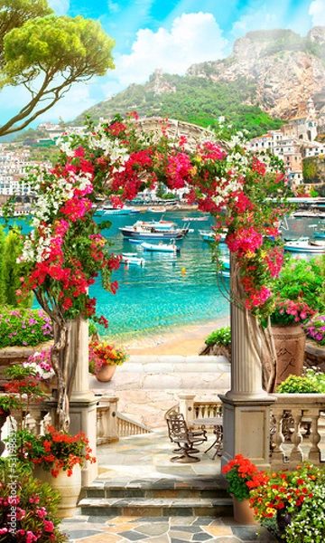 Fototapeta Flower arch with access to the sea coast. Wallpaper on the wall. The fresco.