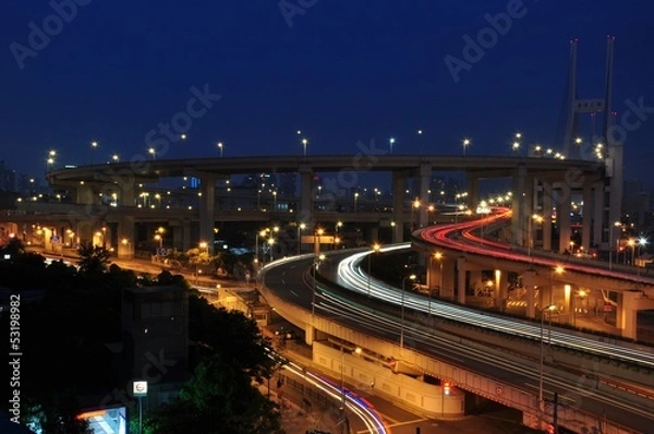 Obraz Kreisverkehr an der Nanpu Brücke in Shanghai China bei Nacht