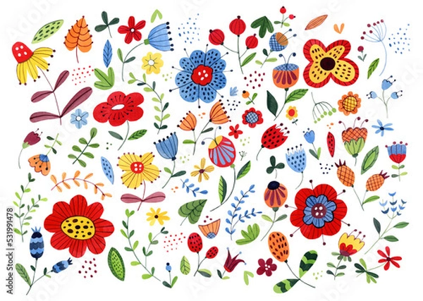 Fototapeta Watercolor set of bright, colored abstract flowers on a white background for an ornament or decor in retro style