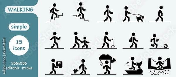 Obraz set of simple walking icons. simple black icons. walking in the rain, walking on the bridge and others. browser icons.