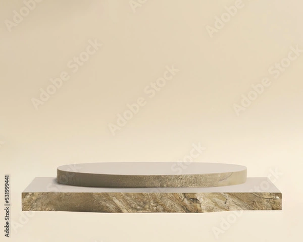 Obraz beige stone podium, Cosmetic display stand on beige background. 3D rendering realistic