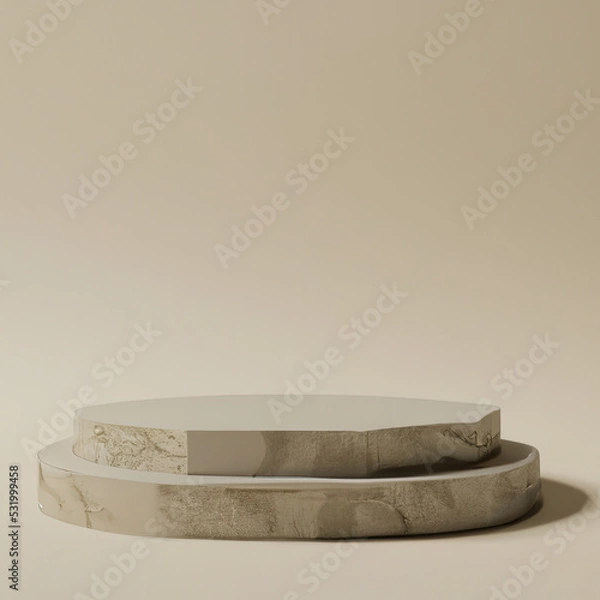 Fototapeta beige stone podium, Cosmetic display stand on beige background. 3D rendering realistic