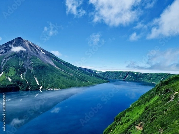 Obraz Russia, Kuril Islands, Sakhalin region. The nature of the Kamchatka Territory. Mountains and volcanoes surrounded by the Sea of Okhotsk and the ocean