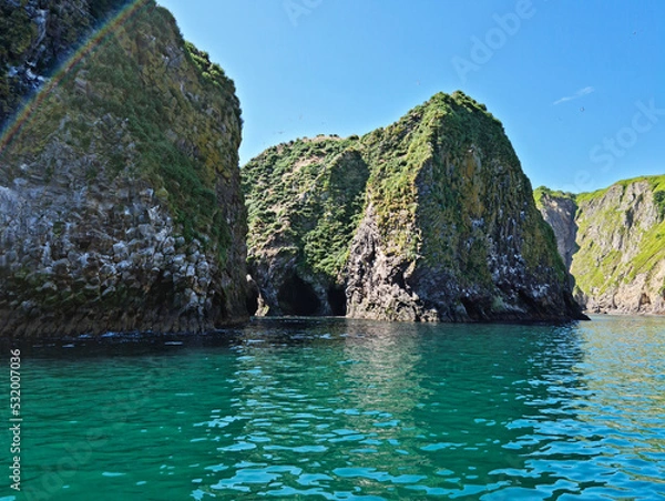 Obraz Russia, Kuril Islands, Sakhalin region. The nature of the Kamchatka Territory. Mountains and volcanoes surrounded by the Sea of Okhotsk and the ocean