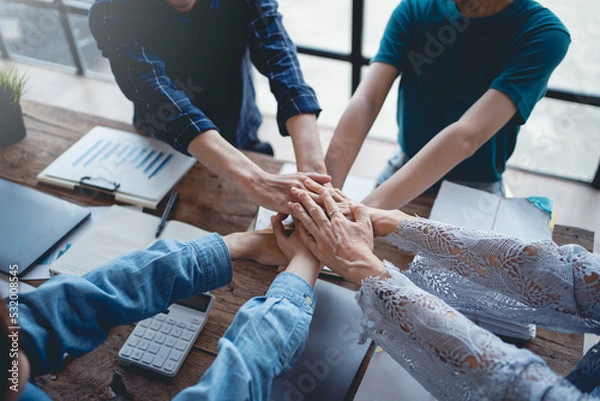 Fototapeta Young entrepreneurs work as a team meeting and work together on a new project that emphasizes unity and fist-pumping teamwork as a promise of unity in the workplace.