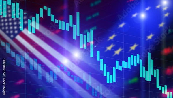 Obraz A Stock market background with USA and European Union Flags and Falling market charts