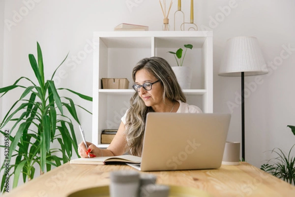 Fototapeta Female freelancer taking notes from browsing online