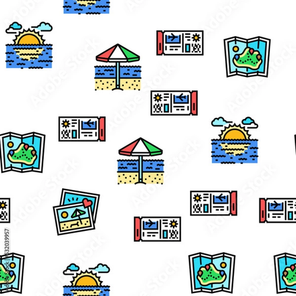 Fototapeta summer season vacation nature vector seamless pattern thin line illustration