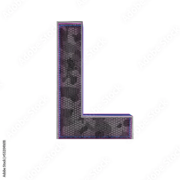 Fototapeta Letter L. Metallic futuristic font with blue neon lights. 3d render.