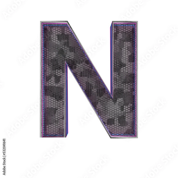 Fototapeta Letter N. Metallic futuristic font with blue neon lights. 3d render.