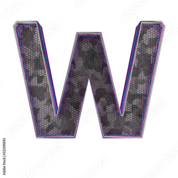 Fototapeta Letter W. Metallic futuristic font with blue neon lights. 3d render.