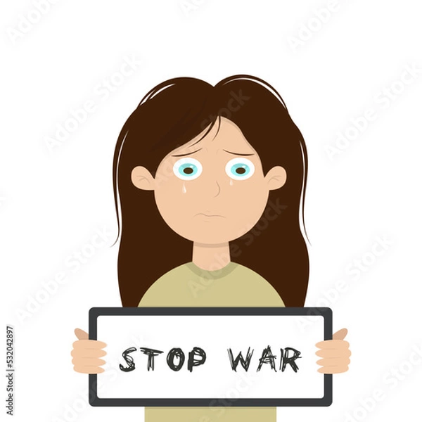 Fototapeta A child with a poster stop the war. Vector illustration isolated on white background