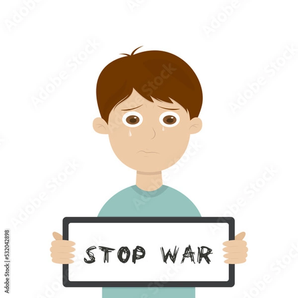 Fototapeta A child with a poster stop the war. Vector illustration isolated on white background