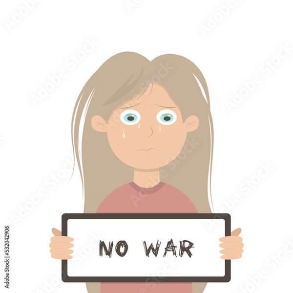 Fototapeta A child with a placard no to war. Vector illustration isolated on white background