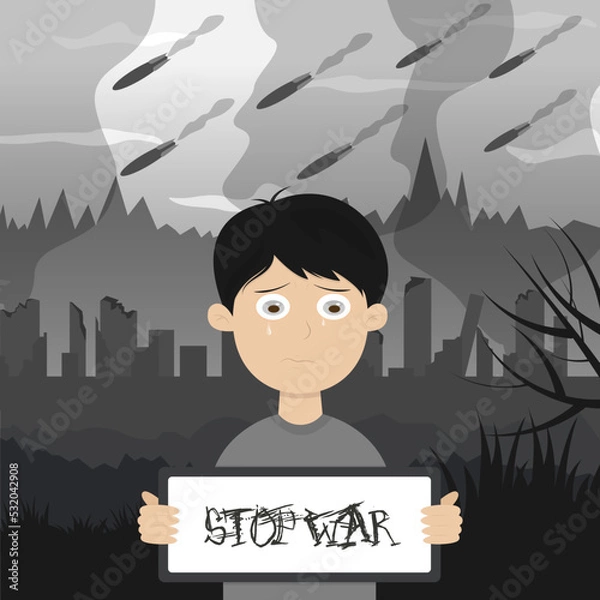Fototapeta A child with a poster stop the war. Vector illustration