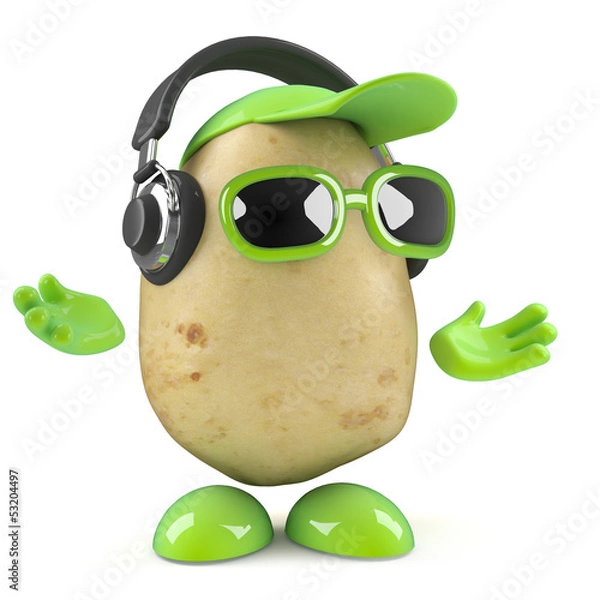Fototapeta 3d Potato man hangs out with his headphones on
