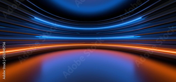 Obraz Sci Fy neon lamps in a dark corridor. Reflections on the floor and walls. 3d rendering image.