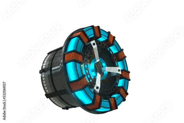 Obraz 3d rendering illustration of sci fi metallic ARC Reactor Isolated on white. Art of Futuristic Advanced  Technology scientific energy .Nuclear reactor cold fusion green energy.