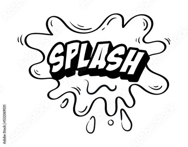 Fototapeta Retro explosion for comics. Abstract liquid onomatopoeic shape with drops and inscription splash. Design element for printing on clothes. Cartoon simple flat vector illustration in vintage style