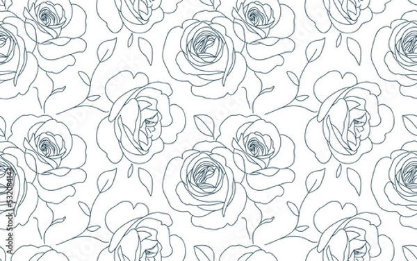 Obraz Abstract seamless pattern with roses. Beautiful blossoming hand drawn flower on white background. Line art wallpaper. Vector stock illustration