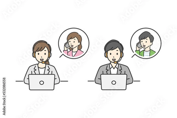 Fototapeta パソコンに向かっているコールセンターの男性と女性のスタッフ