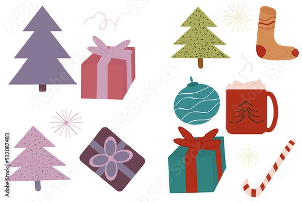 Obraz Christmas painted set in png file. Christmas trees, gifts, caramel, hot drink, snowflakes, sock.