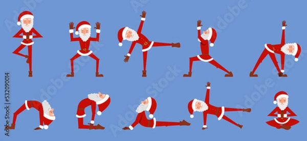 Fototapeta A scene with a skinny Santa Claus doing yoga. A healthy Christmas character in different poses. Vector illustration in a flat style, isolated on a white background.